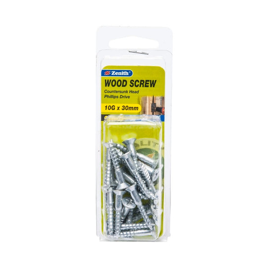 Zenith 10G x 30mm Zinc Plated Countersunk Head Wood Screws – 25 Pack - Auzzistore