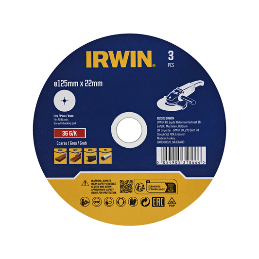 Irwin Fibre Disc 3 Pack - 125 x 22mm - 36 Grit - Aluminium Oxide - Stock Removal - Auzzistore