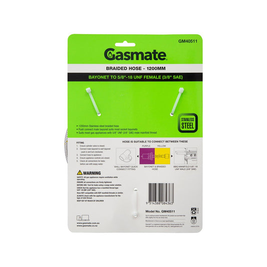 Gasmate Hose 1200mm Bayonet to 5/8" UNF 3/8" SAE - Durable Stainless Steel – view 2 - Auzzistore