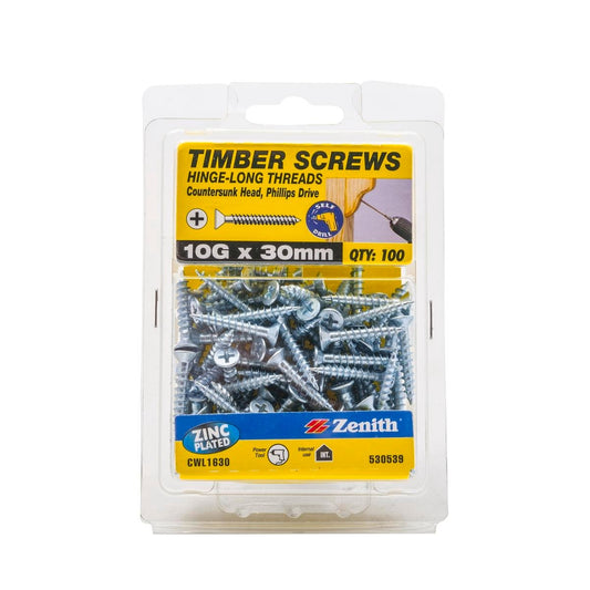 Zenith Hinge Long Thread Screw - 10g x 30mm - 100 Pack - Zinc Plated Countersunk - Auzzistore