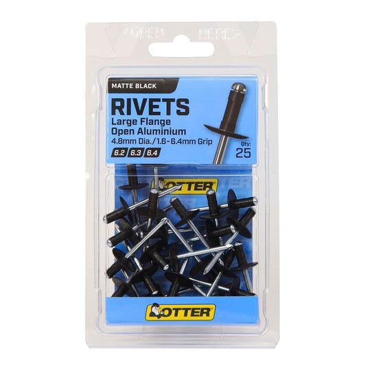 Otter Large Flange Aluminium Rivets - Matte Black - 25 Pack - 1.6-6.4mm - Auzzistore