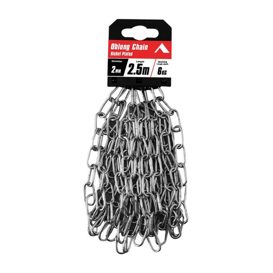 Pinnacle Nickel Plated Oblong Chain 2mm x 5m - 6kg Load Rating - Durable - Auzzistore