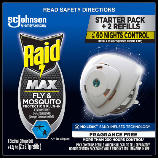 Raid Max Fly and Mosquito Electronic Plug In - 2 Refills - 100mm x 150mm - White - Auzzistore