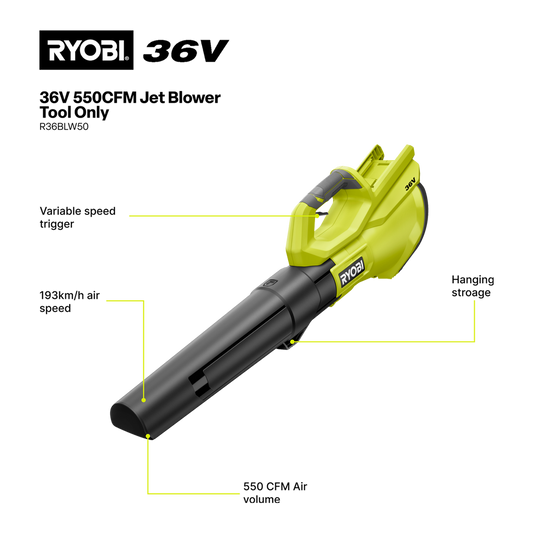 Ryobi 36V Jet Blower R36BLW50 - 550CFM - Tool Only - Efficient Debris Clearance – view 2