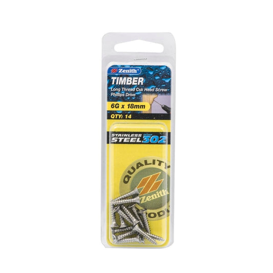 Zenith Timber Screws - 6g x 18mm - 14 Pack - Stainless Steel - Countersunk Head - Auzzistore