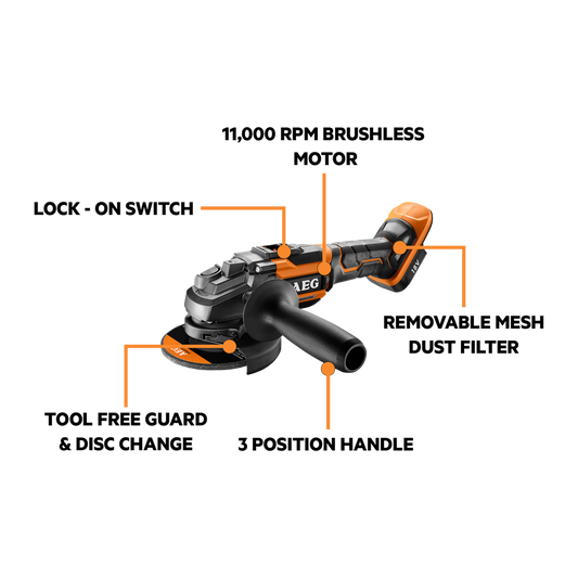 AEG 18V Brushless Angle Grinder Skin Only - 125mm - Ergonomic Design – view 2 - Auzzistore