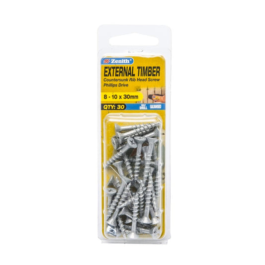 Zenith Timber Screws - 10mm x 30mm - Galvanised - 30 Pack - Countersunk Rib Head - Auzzistore
