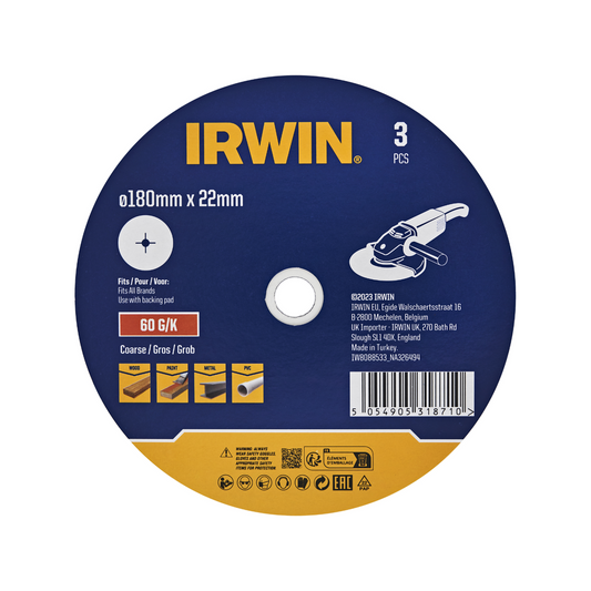 Irwin Fibre Disc 3 Pack - 180 x 22mm - 60 Grit - De-burring & Rust Removal - Auzzistore