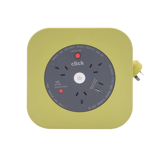 Click 10m 3 Outlet Cable Reel with USB Charger - Green - Overload Protection – view 2 - Auzzistore