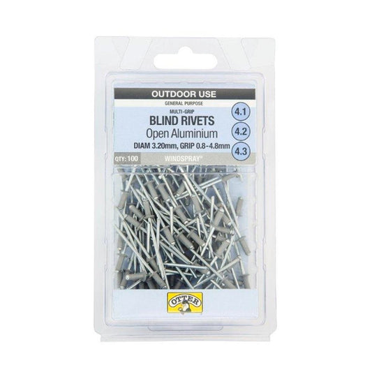 Otter Multi Grip Open Aluminium Blind Rivets 3.2 x 0.8-4.8mm 100 Pack - Wind Spray - Auzzistore