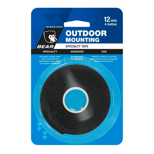 Bear Outdoor Mounting Tape - 12mm x 4m - Black Foam - Weather Resistant