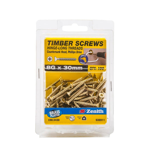 Zenith Timber Screws - 8g x 30mm - Brass Plated - Countersunk Head - 100 Pack - Auzzistore