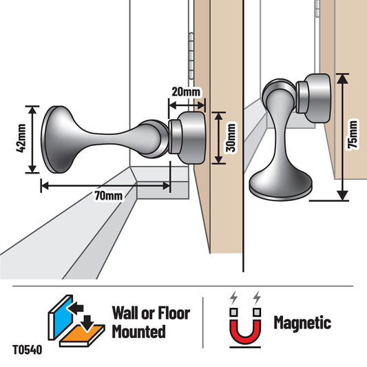 Adoored Satin Chrome Trumpet Magnetic Door Stop 42mm Metal Shock Absorbent