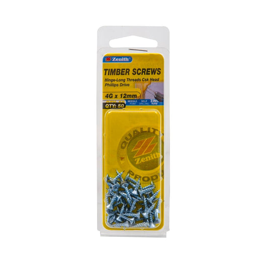 Zenith Hinge Long Thread Screws - 4g x 12mm - 50 Pack - Zinc Plated Countersunk - Auzzistore
