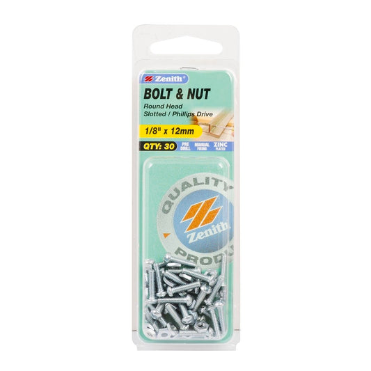 Zenith Round Head Bolt & Nut - 1/8 x 12mm - 30 Pack - Zinc Plated - Internal Use - Auzzistore