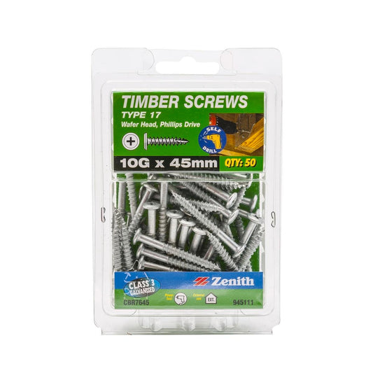 Zenith Timber Screws 10g x 45mm Galvanised Type 17 Wafer Head 50 Pack - Auzzistore