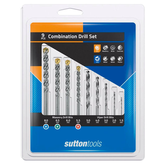 Sutton Tools 9 Pce Combination Drill Bit Set - Steel - Versatile Use - Auzzistore