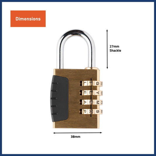 Wordcode 38mm Brass 4 Dial Resettable Padlock - Durable - Secure Locking – view 2 - Auzzistore