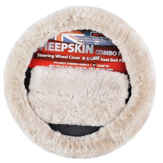 Sheepskin Steering Wheel Cover & Seat Belt Pads Combo Luxury - Mocha | Auzzi Store