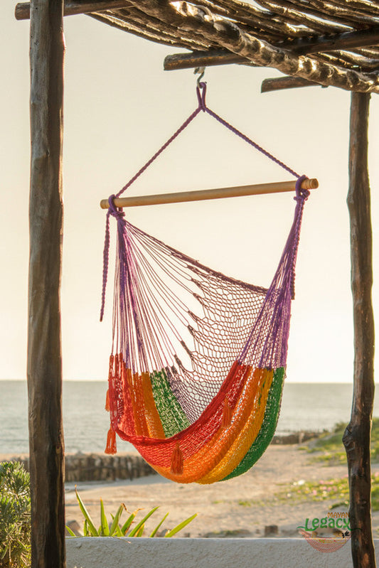 Mayan Legacy Extra Large Outdoor Cotton Mexican Hammock Chair in Rainbow Colour – view 2