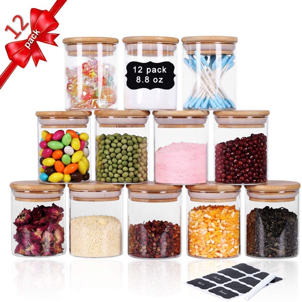 12 Pieces Glass Spice Jars for Kitchen Canisters with Airtight Bamboo Lids and Labels (250 ml) | Auzzi Store