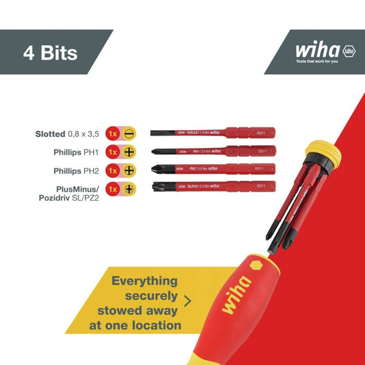 Wiha PocketMax Electric Screwdriver Bit Magazine - 4 SlimBits - VDE Insulated - 75 mm - Yellow/Red – view 2 - Auzzistore