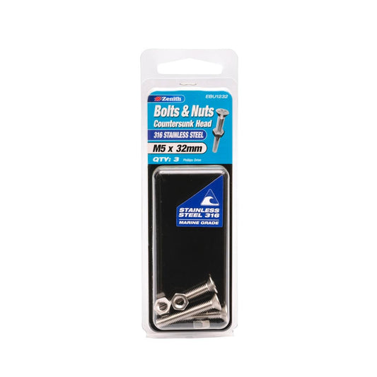 Zenith M5 x 32mm 316 Stainless Steel Countersunk Bolt and Nut 3 Pack - Auzzistore