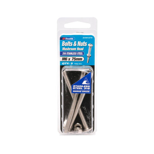 Zenith M6 x 75mm Mushroom Head Bolt and Nut 3 Pack Stainless Steel - Auzzistore