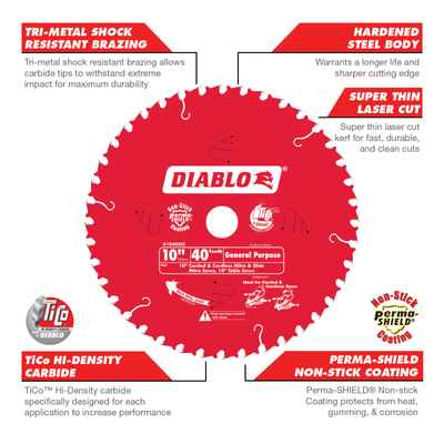 Diablo 245mm 40t General Purpose Saw Blade - TiCo™ Carbide - Durable Cuts