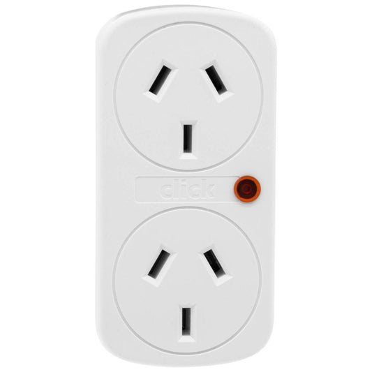 Click Vertical Double Adaptor Surge Protector - 2 Socket - 90mm x 40mm - Surge Protection