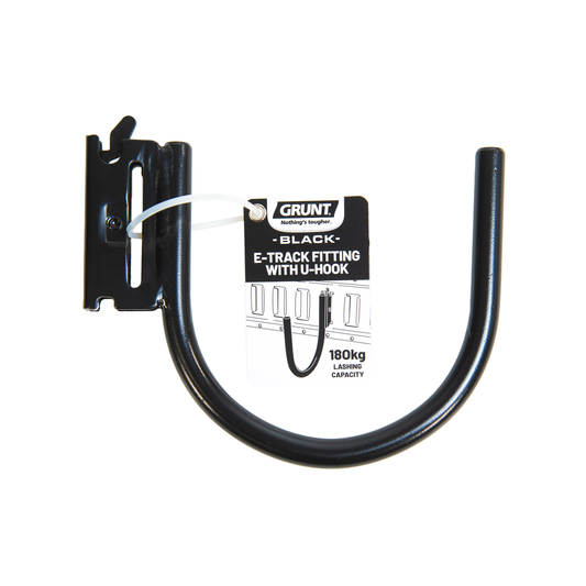 Grunt E Track Fitting U Hook - Black - 180kg Capacity - 140mm x 13mm x 167mm - Auzzistore