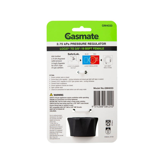Gasmate 2.75kPa Pressure Regulator LCC27 to 3/8" BSPT - Durable Gas Control – view 2 - Auzzistore