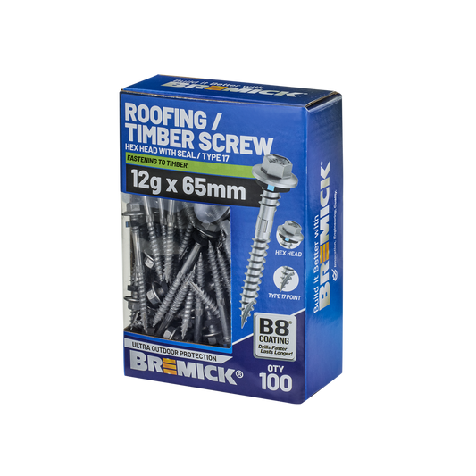 Bremick Hex Roofing Screw 12g x 65mm - B8 - Pack of 100 - Corrosion Resistant - Auzzistore