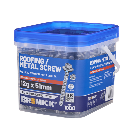 Bremick Metal Hex Screw 12g x 51mm - Box of 1000 - Watertight Seal - Corrosion Resistant - Auzzistore