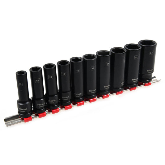 Trojan 10 Piece Deep Impact Socket Rail Set - 1/2" Drive - 10mm to 24mm - Auzzistore