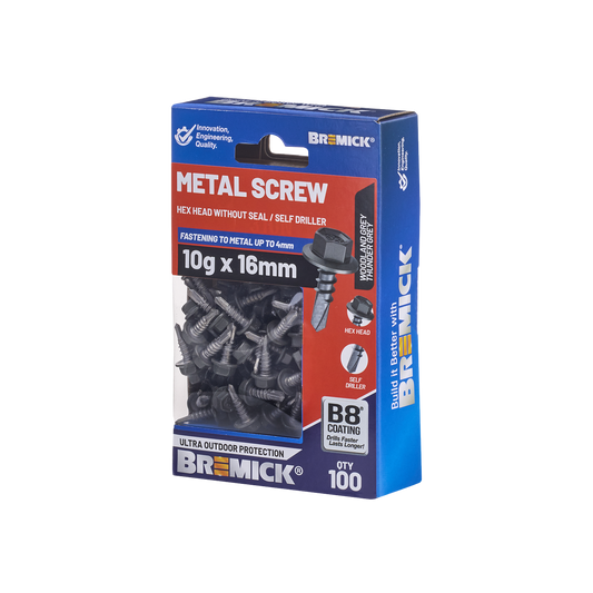 Bremick Metal Hex Screw - 10g x 16mm - B8 Coating - 100 Pack - Corrosion Resistant - Auzzistore