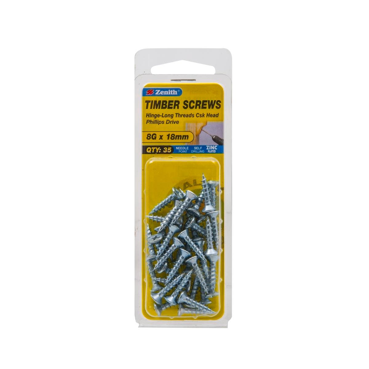 Zenith Timber Screws - 8g x 20mm - Zinc Plated - Countersunk Head - 35 Pack