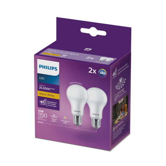Philips A60 E27 LED Globe 2 Pack - 10W 1150lm Warm White - 61mm x 109mm