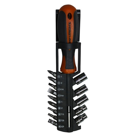 Craftright 15 Piece Screwdriver and Bit Set - 250mm x 70mm x 60mm - Orange Grey Silver