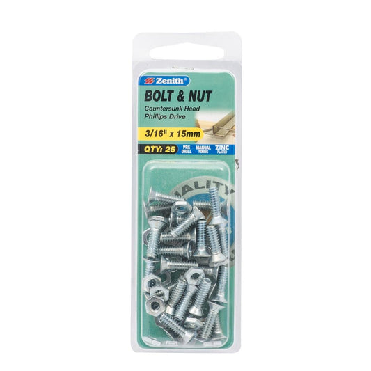 Zenith Countersunk Bolt & Nut - 3/16 x 15mm - Zinc Plated - 25 Pack - Auzzistore