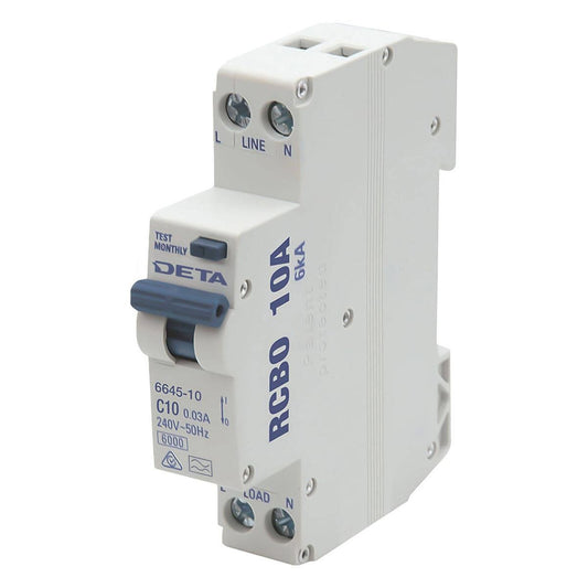 DETA 10A Residual Circuit Breaker with Overload Protection - 18mm - 1P+N - Auzzistore