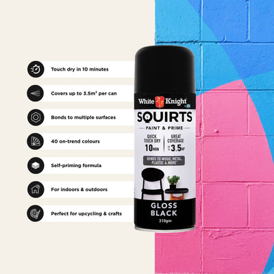 White Knight Squirts Black Gloss Spray Paint 310g Solvent Based Durable