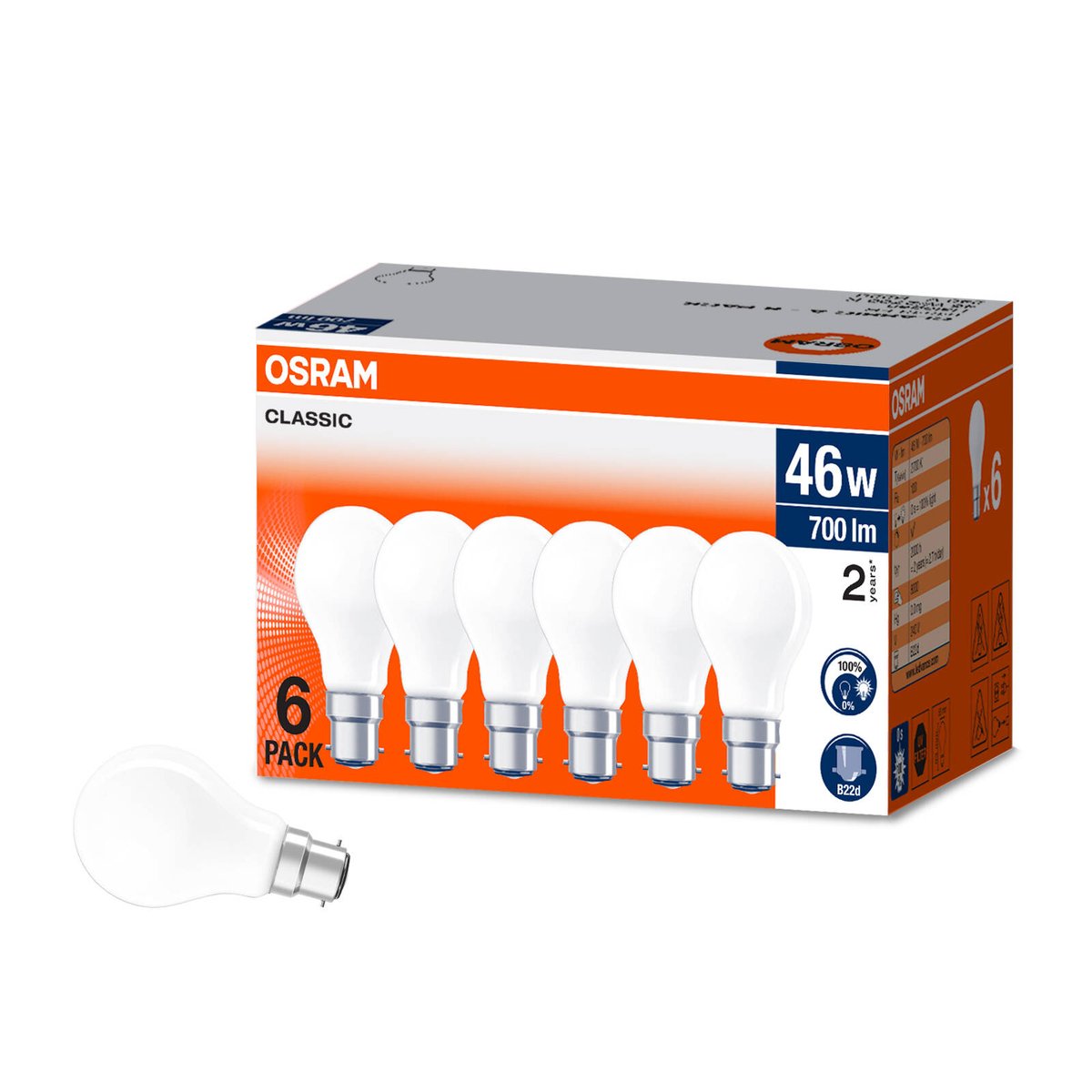 Osram Classic Ashape BC Halogen Light Globe Pack of 6 - 46W - Frosted