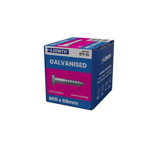 Zenith M10 Hex Head Coach Screws - 60mm - 25 Pack - Hot Dip Galvanised - Heavy-Duty - Auzzistore