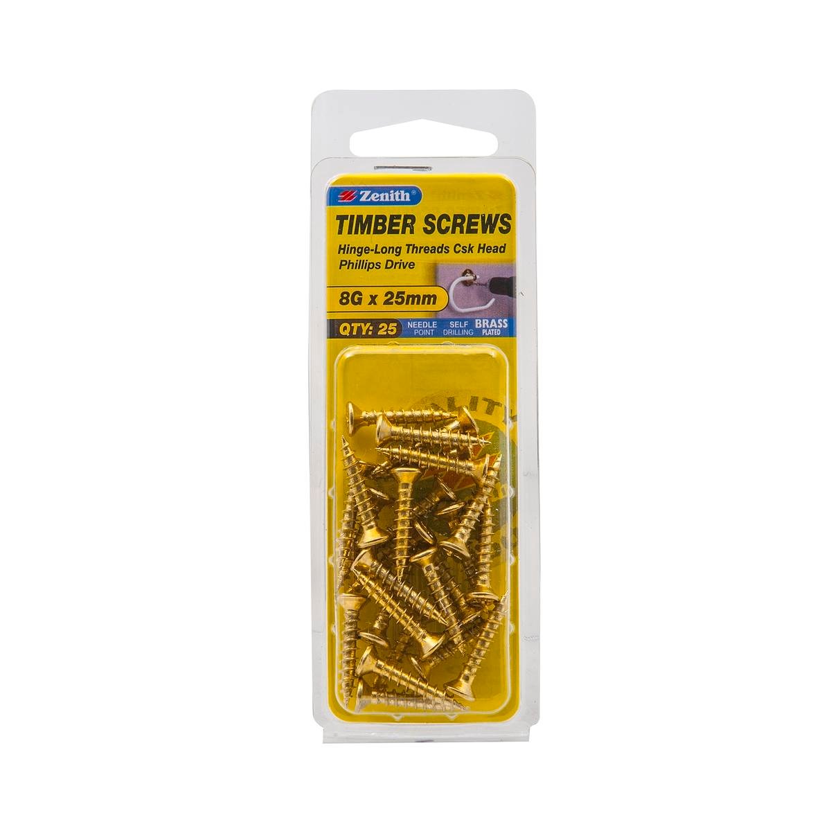 Zenith Timber Screws - 8g x 25mm - Brass Plated - Countersunk Head - 25 Pack