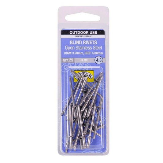 Otter Open Stainless Steel Blind Rivets 2 x 4 8mm 25 Pack - Auzzistore