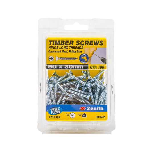 Zenith Hinge Long Thread Screw - 8g x 30mm - Zinc Plated - 100 Pack - Auzzistore