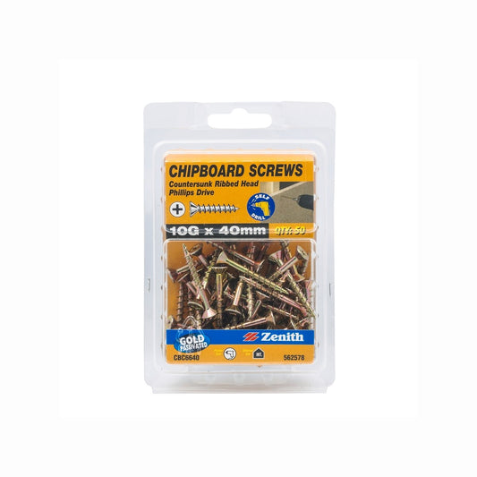 Zenith 10g x 40mm Countersunk Rib Head Chipboard Screws - 50 Pack - Gold - Superior Grip – view 2 - Auzzistore