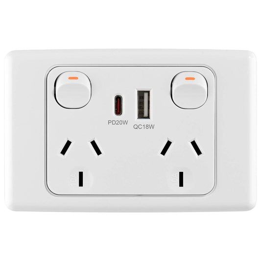 Deta 6000 Double Power Point with USB A+C PD20W Fast Charging - 250V - White - Efficient Charging for Multiple Devices - Auzzistore