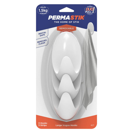 Permastik Large White Vogue Hooks 3 Pack - 110mm x 225mm - Holds 1.5kg